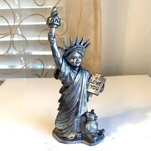 Vintage Silver Pewter Figurine, girl in Statue of Liberty costume, teddy bear
